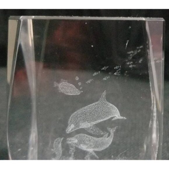 3D Etched Crystal Glass Dolphin Figurine Paperweight With Marine Life Scene Rect - Picture 6 of 8